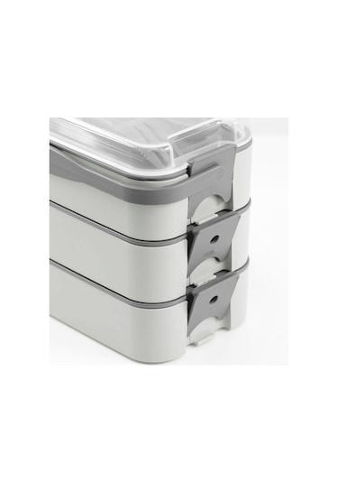 İronika 1260 Ml 3 Katlı Kapaklı Çatal Bıçaklı Beslenme Kutusu Lunch Box Beslenme Kabı - Gri Gri