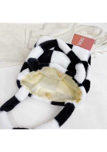 Peluş Kabarık Taşıma Çantası Büyük Kapasiteli El Çantaları Ve Siyah