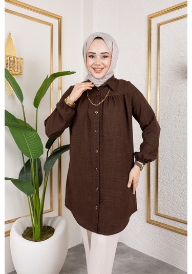 Önü Büzgülü Bilek Lastikli Tunik - Acı Kahve / Ü104 Acı Kahve Acı Kahverengi