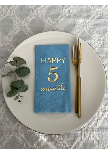 Gold Yaldızlı Mavi Happy 5 Yaş Months Garson Katlama Peçete 16 Adet