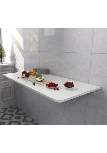 60x110 Cm Mat Beyaz Sabit Raflı Duvara Monte Katlanır Masa