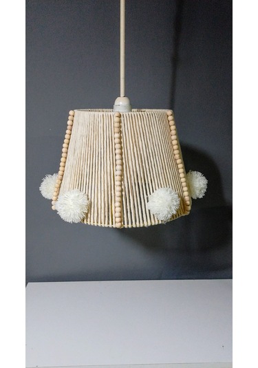 Çocuk Odası Avize Bebek Odası Avize Makrome Abajur Set Boncuk Ponpon Avize Ekru