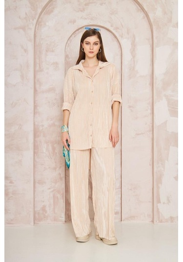 Kadın Pliseli Beli Lastikli Pantolon Tunik Gömlek Ikili Bürümcük Salaş Takım 3573300 Bej