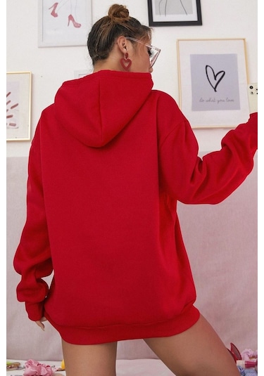 Pamuk Şardonlu Kapüşonlu Sweatshirt Kırmızı