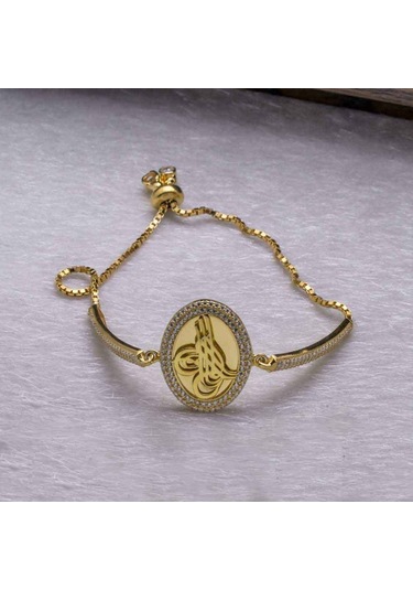 925 Ayar Gümüş Altın Yaldızlı Osmanlı Tuğralı Asansörlü  Bileklik