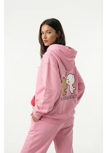 Nevermind Unisex Oversize Ayıcık Baskılı Çift Hoodie Pembe