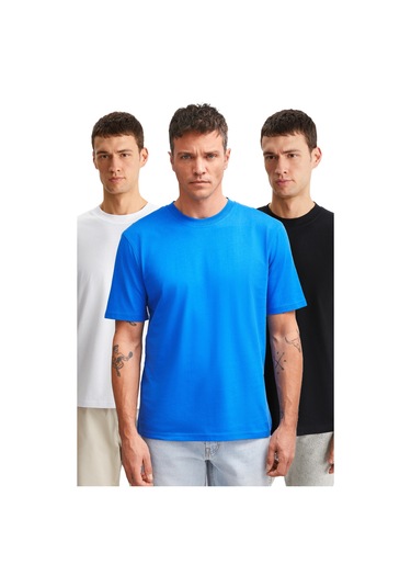 Cultıvated Erkek 3'lü Kalın Dokulu Regular %100 Organik Pamuk Syh/byz/saks T-shirt