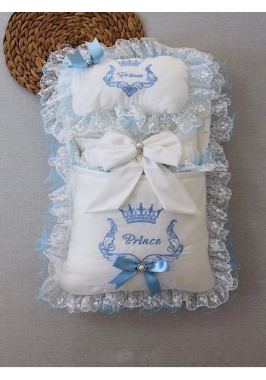 Yenidoğan Nil Taç Nakışlı Kundaklı Trilüks 3lü Alt Açma Seti Mavi Mavi