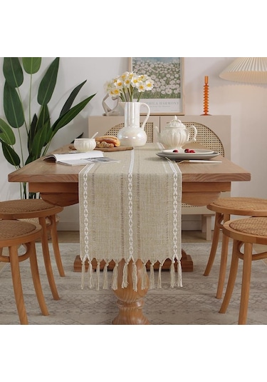 Sarı Rustik Masa Koşucular, El Yapımı Püsküllü, Vintage Dokuma Pamuk Keten Masa Koşucu Uzun Parti Yemek Masası Dekorasyonu İçin 33 240
