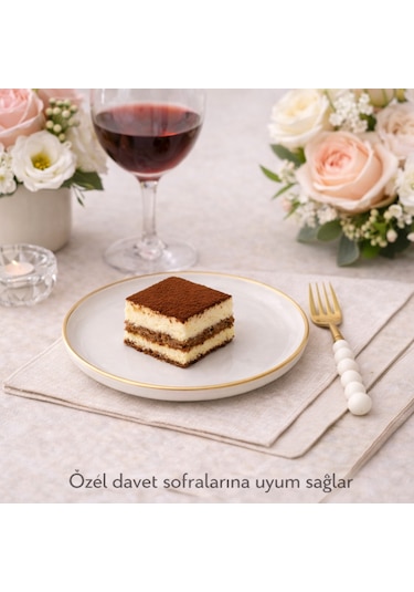 6 Adet Gold İnci Detaylı Tatlı Çatalı Beyaz - Altın