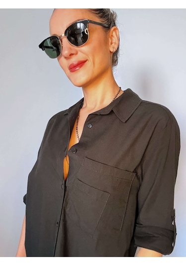 Ali Butik Siyah Sırtı Asimetrik Düğme Detaylı Poplin Gömlek Siyah