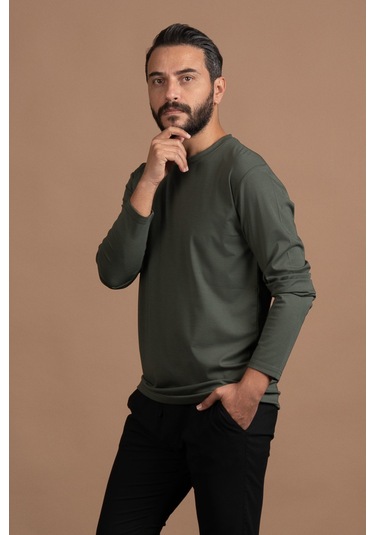 Regular Fit Bisiklet Yaka Rayon Kumaş Full Likralı Uzun Kol Sweatshirt Yeşil