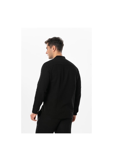 Uzun Kol Hakim Yaka Erkek Müslin Yazlık Gömlek Siyah Syh-siyah Siyah