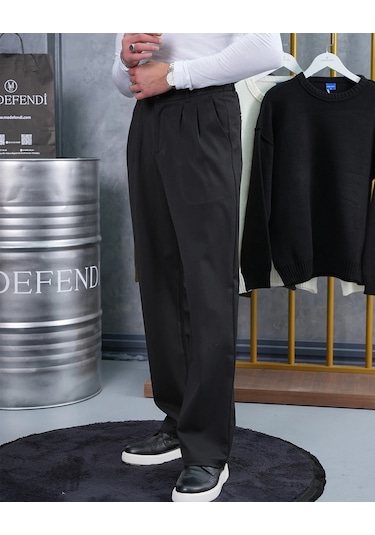 Modefendi Baggy Kesim Pile Detaylı Kumaş Pantolon Siyah