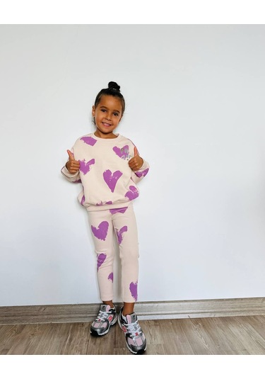 Kız Çocuk Çiçek - Leopar Detaylı 3 İplik Alt Üst Takım Sweatshirt + Tayt Mor