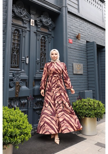 Kadın Kahve Zebra Aerobin Belden Kuşaklı Uzun Tesettür Elbise Z9512 Kahve