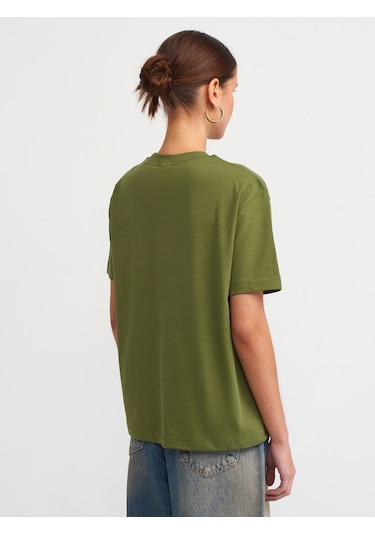 Dilvin Dekoratif Dikişli Bisiklet Yaka Tshirt 101a30312 Haki