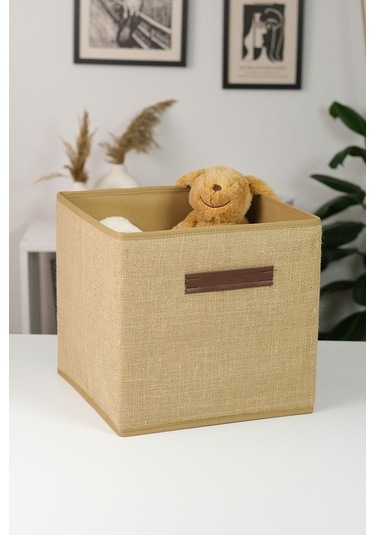 100% Jüt Kapaksız Dolap Içi Çamaşır Oyuncak Düzenleyici Katlanır Saklama Kutusu 30x30x30 Bej