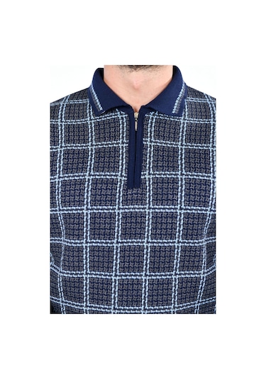 Kamalı Yakalı Baba Kazak Çizgili Baba Kazak Baba Triko Yakalı Erkek Kazak Polo Yaka Lacivert