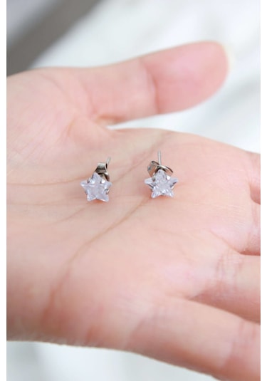 Niki Aksesuar Çelik Yıldız Küpe - Gümüş Renk Zirkon Taşlı Büyük Boy Gümüş