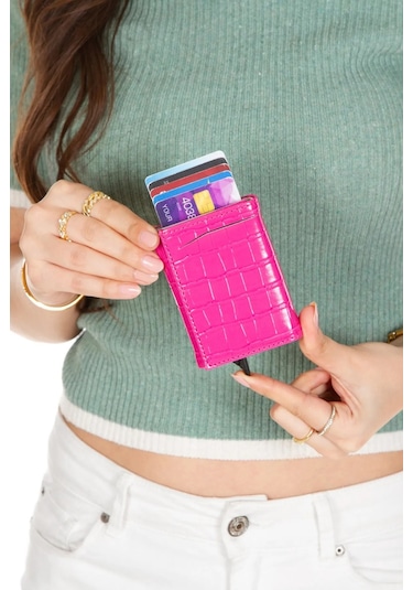 Tuldar Kadın Rfıd Otomatik Çekim Koruyucu Mekanizmalı Kağıt Para Bölmeli Hediyelik Kartlık Cüzdan Tul602 - Pembe