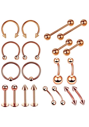 Suntek 20 Adet Burun Dudak Dil Kaş Tragus Göbek Halkası 1,2x10+3mm Altın