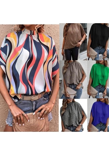 Yaz Dantel-up Leopar Baskı Batwing Kısa Kollu Bluz Zarif Gevşek Rahat Standı Yaka Gömlek Moda Şık Üstleri Kadın 25320 Siyah