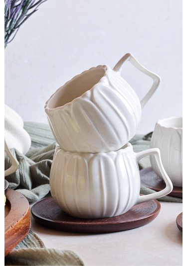 Dark Balkabağı 6'lı Akasya Tabaklı Modern Porselen Kahve Fincanı Seti Beyaz Beyaz