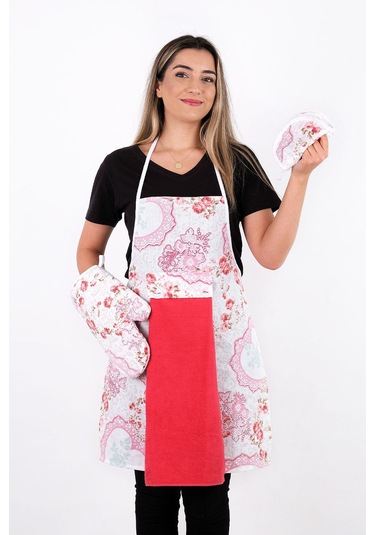 Flower 4lü Set Mutfak Önlüğü Havlulu Mutfak Önlüğü Fırın Eldiveni Ve Tutacak Kırmızı