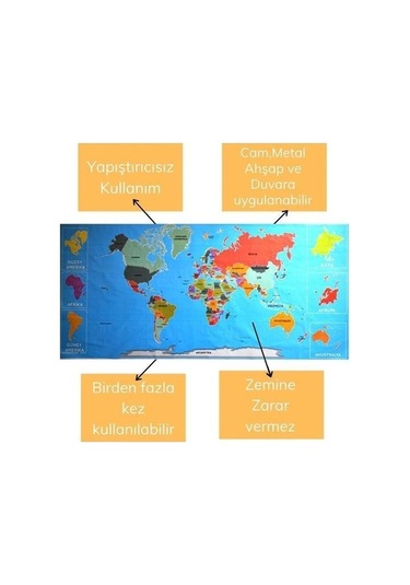 Evyora Renkli Atlas Dünya Haritası Manyetik Yapıştırıcı Gerektirmeyen Duvar Stickerı 118 Cm 56 Cm