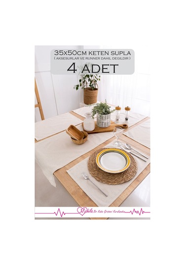 4 Adet 35x50cm %100 Ham Keten Amerikan Supla, Pamuklu Düz Supla, Organik Keten Dekoratif Supla Bej