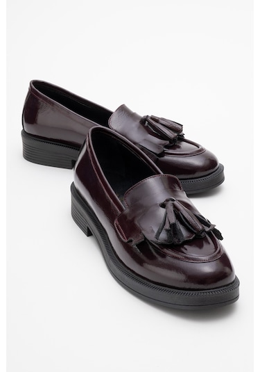 Milina Bordo Rugan Püsküllü Hakiki Deri Kadın Loafer Ayakkabı Bordo Rugan