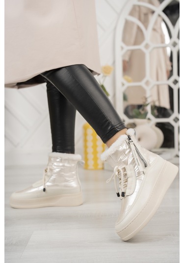 Khayt Violetta Su Geçirmez Kürklü Fermuarlı Kadın Kar Bott Bej