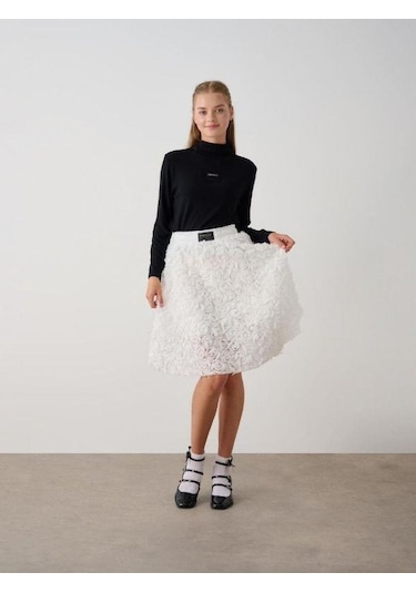 Kız Çocuk Beli Lastikli Gül Desenli Etek-14787 Ekru