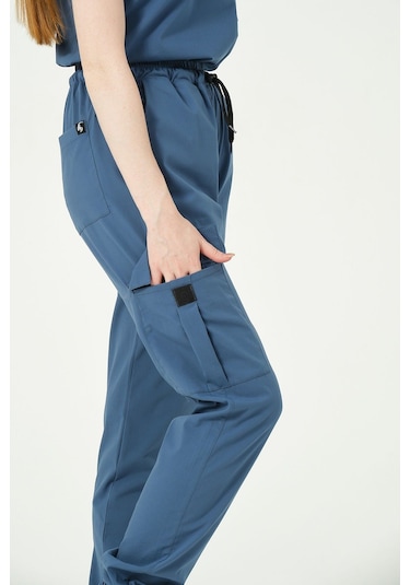 İndigo Likralı Kargo Cep Jogger Paça Doktor Hemşire Forması Tek Alt Unisex