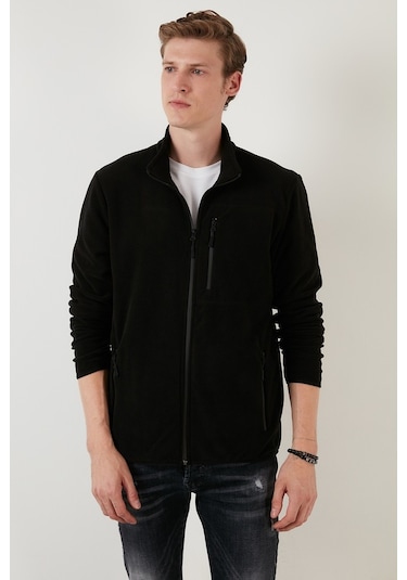 Buratti Slim Fit Fermuarlı Cepli Dik Yaka Polar Erkek Hırka 5906028 Siyah