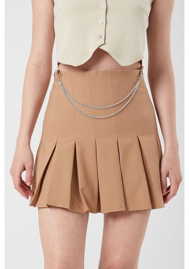 4155 Kadın Zincir Detay Pileli Mini Etek Vizon Vizon