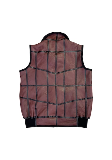 Içi Kürk-Dışı Süet Gerçek Deri Yakalı Ve Trikolu Yelek Bordo