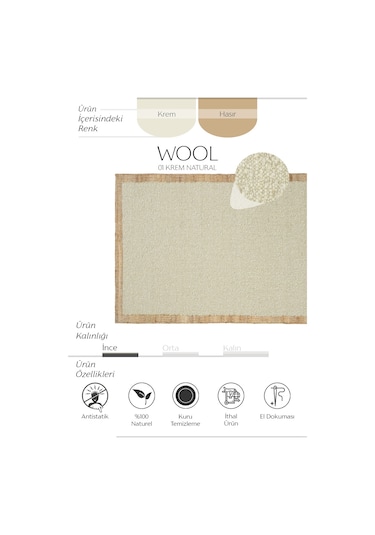 Cool Halı Wool 01 Natural Yün Halı Jüt Halı Yolluk El Dokuma Jüt Kilim Hasır Halı Bohem El Halısı Krem Halı Krem - Natural