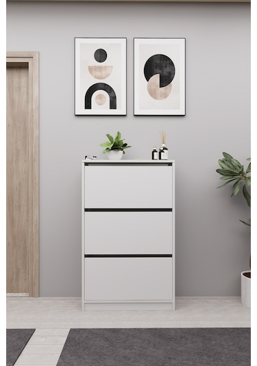 Mirobi Kembe 3 Bölmeli Açılır Modern Dekoratif Ayakkabılık Beyaz Beyaz