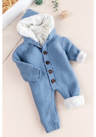 Triko Örme Welsoft Astarlı Kapüşonlu Kışlık Bebek Tulum mavi