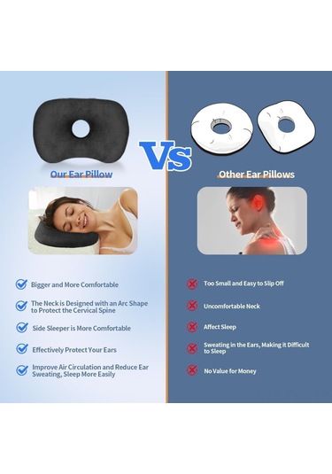 Geeksen Yan Yatakta Rahat Uyku İçin Delikli Kulak Koruma Yastığı, Yüksek Kalite Pamuklu, Gri Ve Siyah Seçenekleri Siyah
