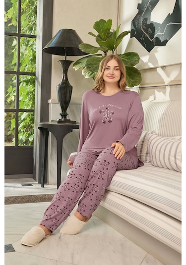 Aydoğan Kadın İnci Büyük Beden Start Koyu Pudra Pijama Takım 0652 Mor