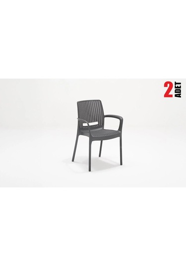 2 Adet Rattan Kollu Antrasit Sandalye Balkon Bahçe Teras Antrasit