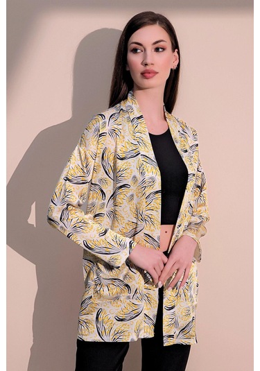 Kadın Sarı Safari Desen Yeni Moda Saten Çift Cepli Salaş Kimono Ceket - Tesettüre Uygun Sarı