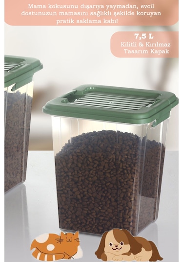 Moi 2'li Mega 7,5l Kedi Köpek Kuru Mama Saklama Kabı - Kilit Kapak Çok Amaçlı Düzenleyici Saklama Kutusu