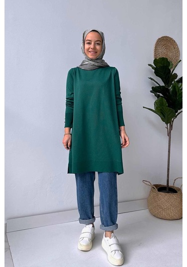 A Form Işıltılı Merserize Tunik - Zümrüt Yeşil