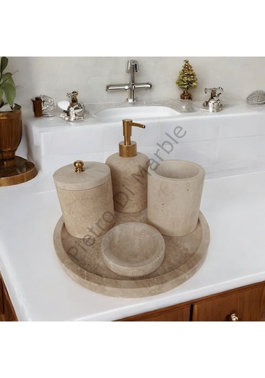 Sarı Traverten Klasik Model 5 Parça Mat Gold Renk Düğme Aksesuarlı Banyo Seti Sarı Traverten