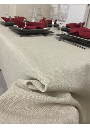 Keten Görünümlü Begonvil Masa Örtüsü Kapuçino 27 Parça Set