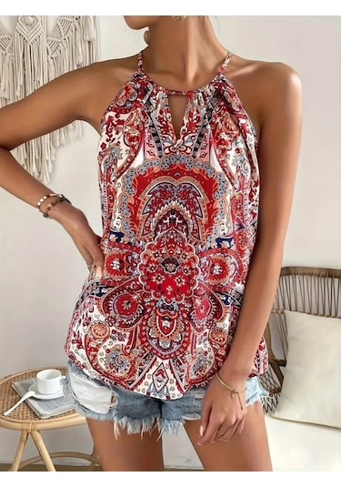 Leyla Sanat Sanata Yeni Bir Bakış Açısı Kadın Halter Kollu Damla Detaylı Desenli Süprem Bluz Kırmızı